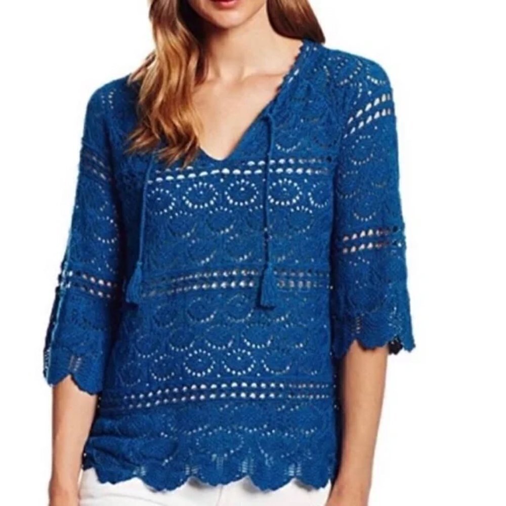 Lucky Brand Blue Crochet Boho 3/4 Sleeve Top with Tassel Tie